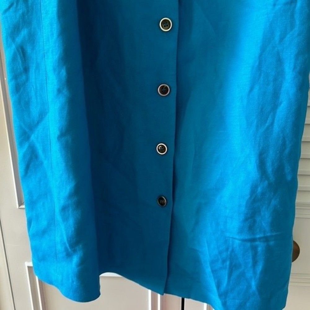 Tahari Arthur S Levine Blue Linen Blend Ruffle Neck Dress Size 12 - Picture 6 of 7